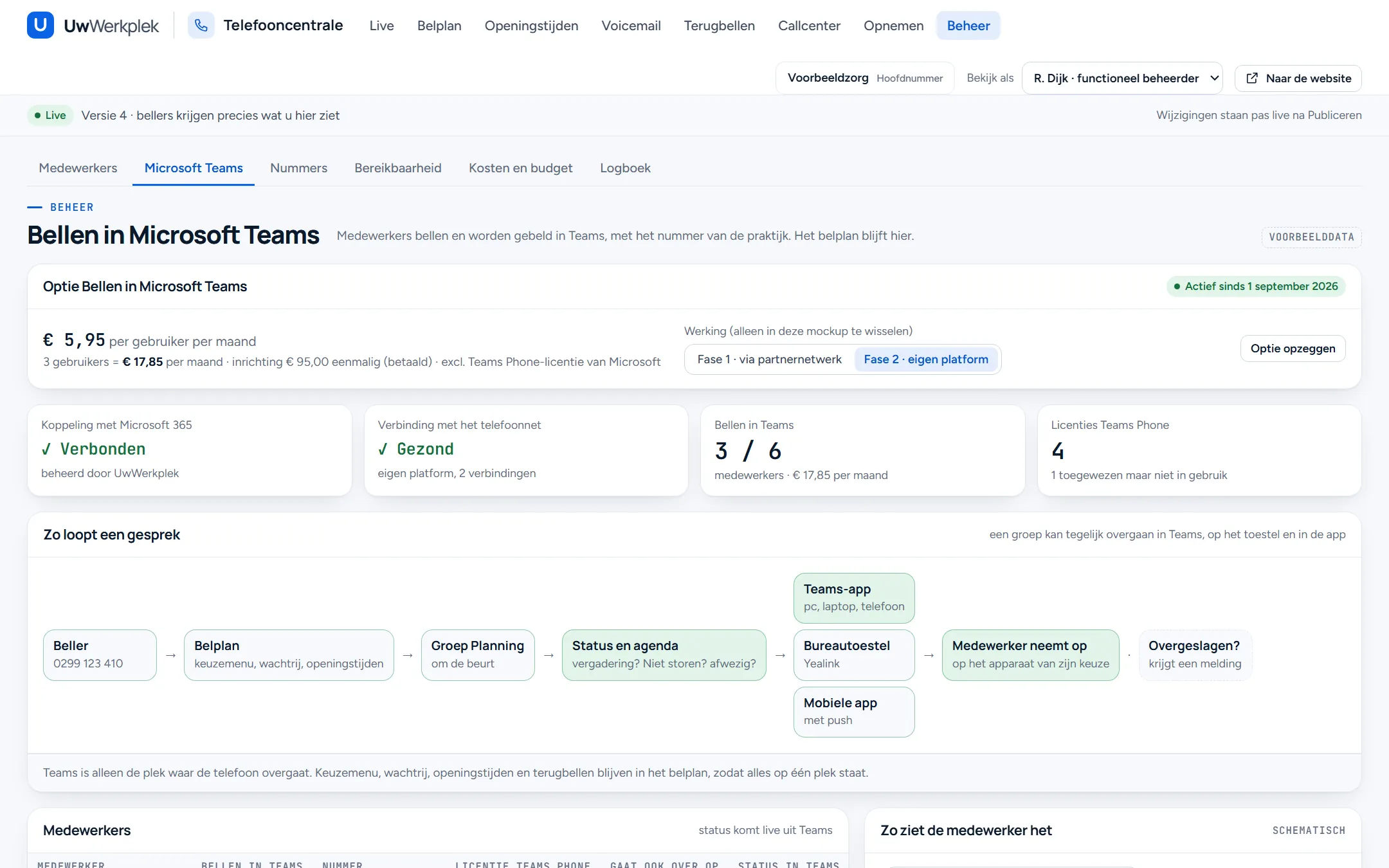 Voorbeeldscherm van de optie Bellen in Microsoft Teams in Mijn telefonie: medewerkers met een vast nummer in Teams, hoe een gesprek loopt en hoe de centrale status en agenda gebruikt.